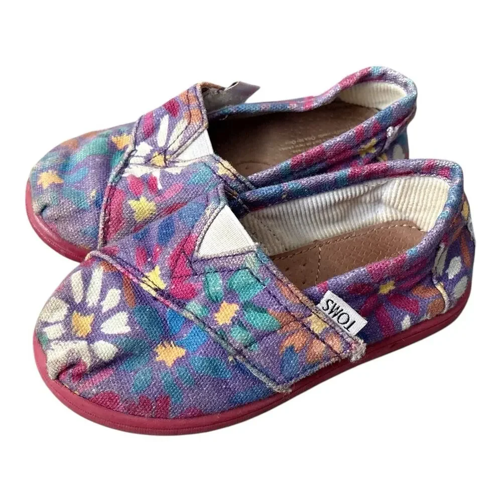 Toms Floral Canvas Slip On Shoes Size 7 T Casual Flats Purple Pink